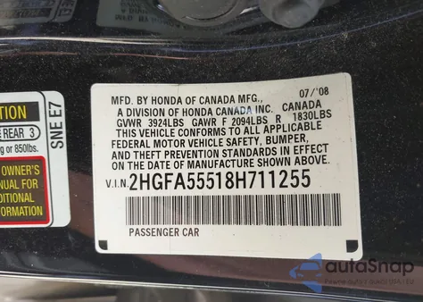 2008 Honda Civic Si/Si Mugen from USA, damaged, VIN 2HGFA55518H711255